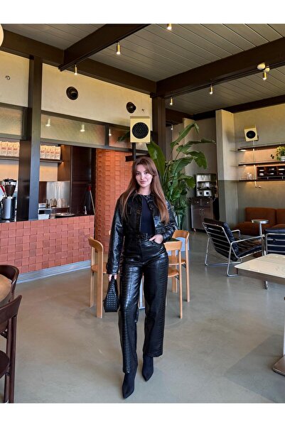 BAŞARAN Black Leather Bottom Top Set