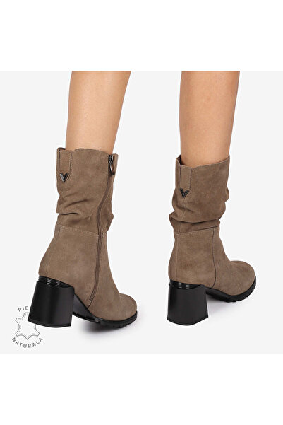 ANGEL BLUE Women's Boots Made of Genuine Suede Leather with Thick 7.5cm Heel CRL1246 Khaki