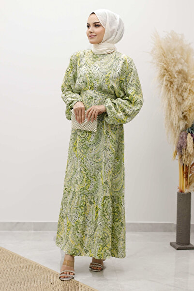 Tesettür Dünyası Φόρεμα με μοτίβο σάλι με ζώνη TSD250257 Πράσινο