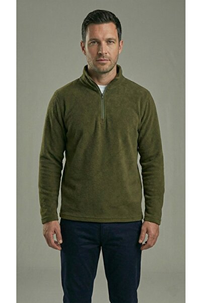 BESKAR Ανδρικό πράσινο φούτερ με μισό φερμουάρ ψηλός λαιμός Winter Thermal Fleece