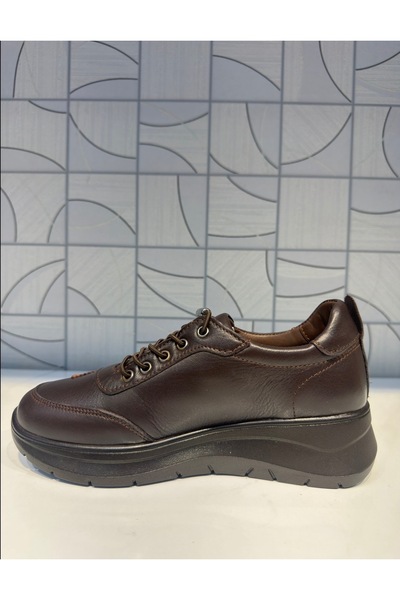 Anıl Ayakkabı B1 4060 Women's Brown Genuine Leather Rubber Laces Leaf Pattern Detailed Daily Orthopedic Shoes