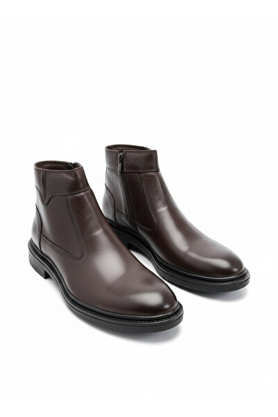 shot night Genuine Leather Brown Zippered Men's Winter Boots