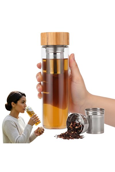 Salestore.ro Borosilicate Glass Thermos, 450ml, Double Wall, with Infuser, Bamboo Lid, Elegant Design.