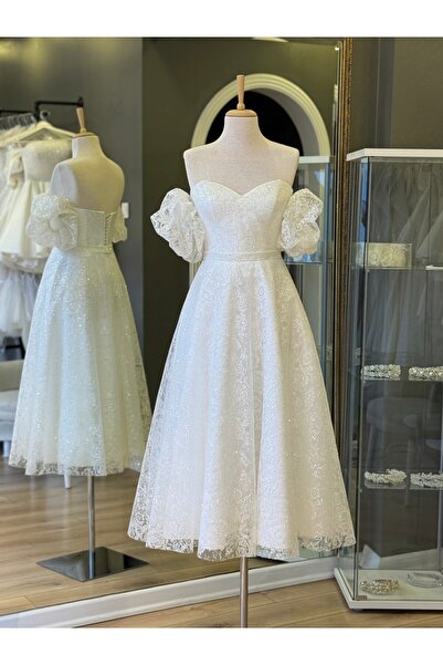 Lenta Wedding Beyaz Simli Çicekli Kalp Yaka Midi Boy Nişan Ve Gece Elbisesi