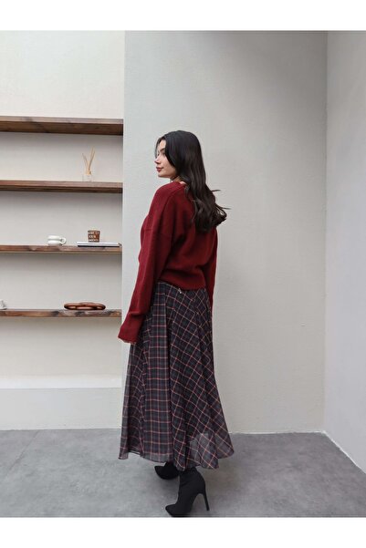 ESRAHELVACI Chiffon Plaid Pattern Flared Skirt