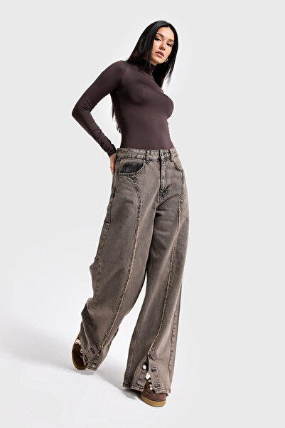 its basic Γυναικείο τζιν σκούρο καφέ 3w5-70 Super Baggy Fit με λεπτομέρεια στο πόδι, ειδικής σχεδίασης τζιν τζιν