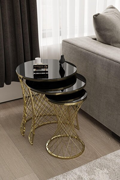 MYDECO Hasır Zigon Sehpa Gold Kaplama Siyah Ayna