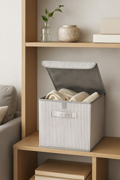 HomyJRs Gray Striped Lid Office Bedroom Toy Towel Storage Box Organizer 30X30X30