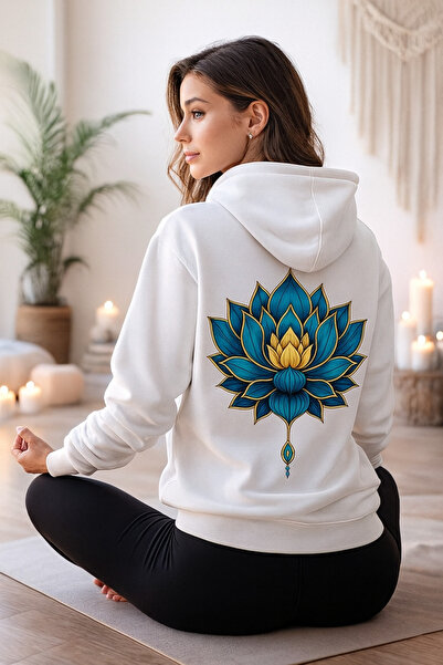 ocke Unisex White Yoga Lotus Back Printed Hooded Hoodie Sweatshirt