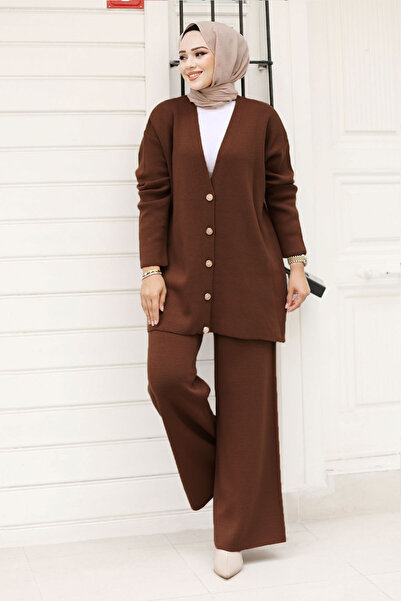 Tesettür Dünyası Buttoned Stone Knitwear Cardigan Set Tsd240932 Bitter Brown