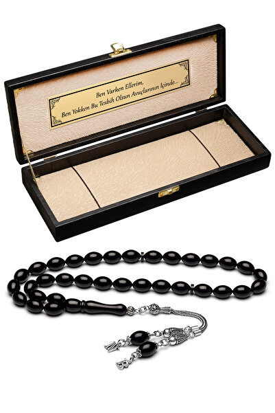 OTTOTESBİH Men's Gift Silver Tassel Black Crimped Amber Prayer Beads