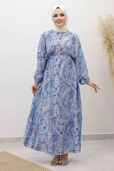 Tesettür Dünyası Φόρεμα με μοτίβο σάλι με ζώνη TSD250257 Μπλε
