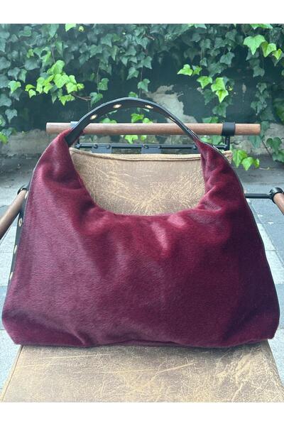 minebag Plush Textured Leather Detailed Viona Handbag Claret Red