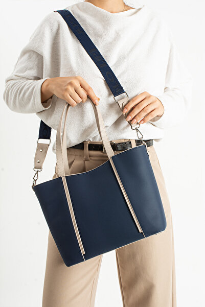 Just Polo Women's Large Size Water Resistant Navy Blue Stone Lacoste Fabric Long Strap 4 Compartment Hand and Shoulder Bag Pbu2170