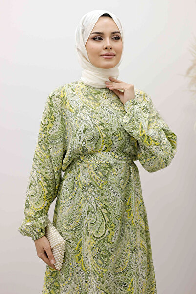 Tesettür Dünyası Φόρεμα με μοτίβο σάλι με ζώνη TSD250257 Πράσινο