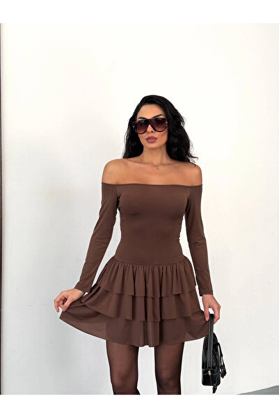 hazelin Γυναικείο Καφέ Στράπλες Φούστα με Στρώσεις Λεπτομερές Μίνι Φόρεμα HZL25W-FRY123581