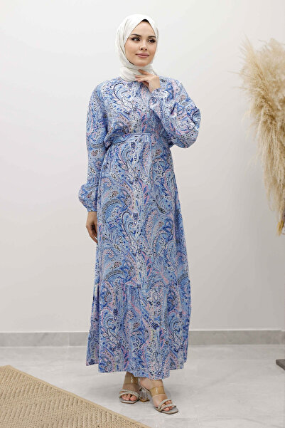 Tesettür Dünyası Φόρεμα με μοτίβο σάλι με ζώνη TSD250257 Μπλε