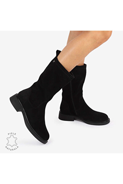 ANGEL BLUE Cizme Damă din Piele Naturală Intoarsa cu inchidere fermoar si talpa de 4cm CRL1252 NEGRU Suede