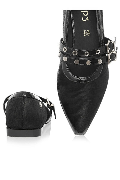 MANGATA Top3 Black Ballerinas Natural Pony Leather