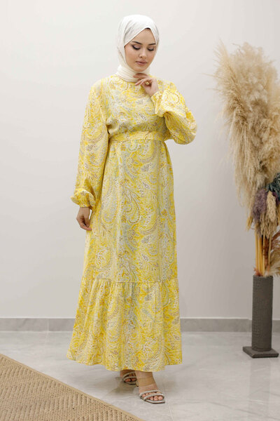 Tesettür Dünyası Shawl Pattern Belted Dresstsd250257 Yellow