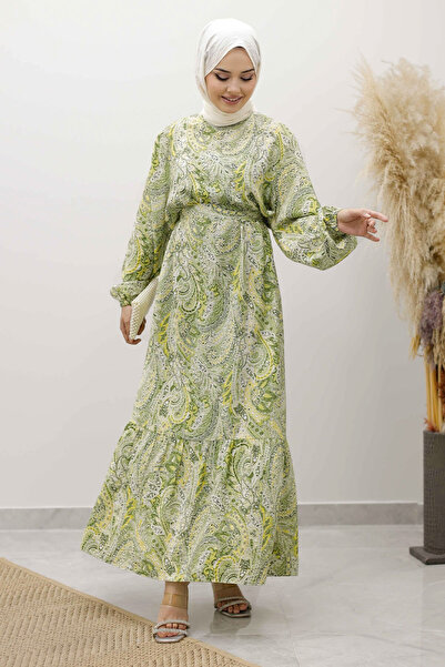 Tesettür Dünyası Φόρεμα με μοτίβο σάλι με ζώνη TSD250257 Πράσινο