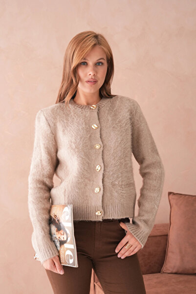 Park Karon Women's Crew Neck Button Detailed Soft Textured Fleece-Lined Knitwear Jacket