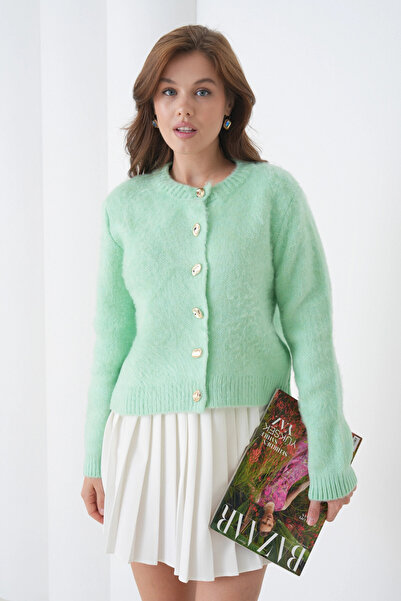 Park Karon Women's Crew Neck Button Detailed Soft Textured Fleece-Lined Knitwear Jacket