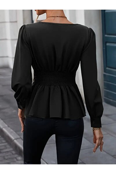 Meleners Women's Long Sleeve Geometric Collar Waist Fitted Imported Crepe Blouse