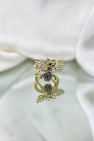 MatmazelLavinya Adjustable Bee Ring with Wings White Enamel Zircon Stone
