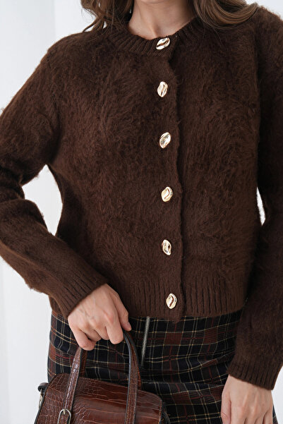 Park Karon Women's Crew Neck Button Detailed Soft Textured Fleece-Lined Knitwear Jacket