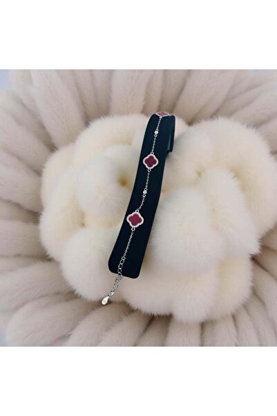 ZEY 925 Ayar Gümüş Bordo Yonca Bileklik