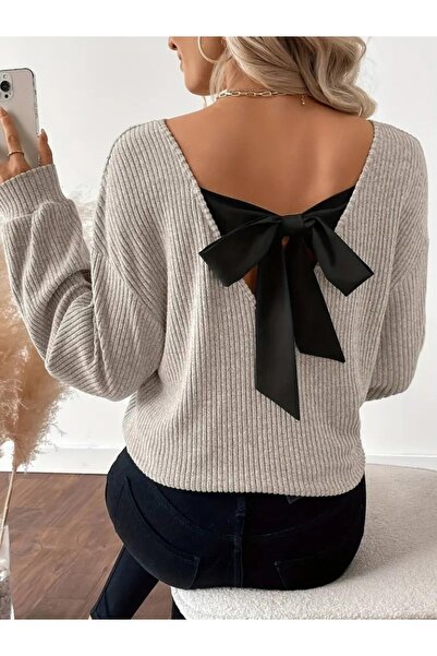 JANES Women's Long Sleeve V Neck Back Ribbon Detailed Fleece-Lined Ribbed Knit Blouse