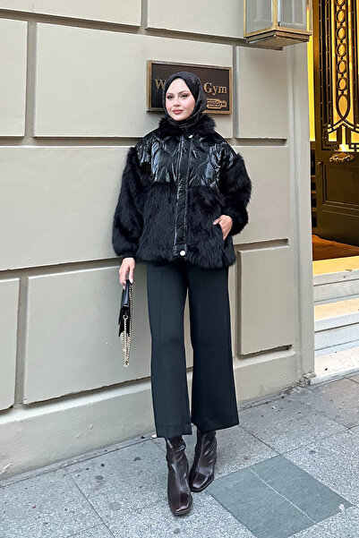 LOCCO Palton de damă cu mâneci cu detalii de pluș, negru