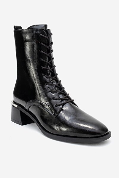 LuviShoes Γυναικείες μπότες με χοντρό τακούνι AVIA Μαύρο τσαλακωμένο λουστρίνι Γνήσιο δέρμα Γνήσιο δέρμα