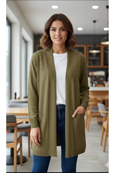 güncüoğlu Long Sleeve Cardigan with Belt, Front Patterned, Length 85cm, Knitw...