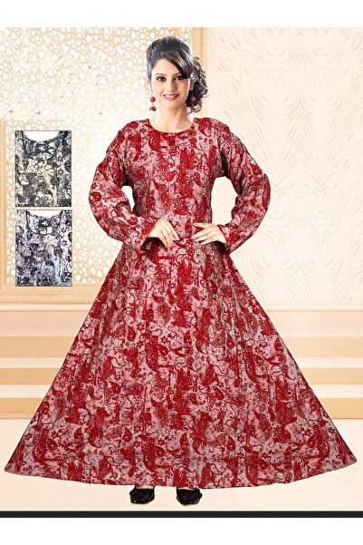 Zainah Elegant Paisley Print Jallabiya Maxi Dress | Round Neck Long Sleeve Fu...