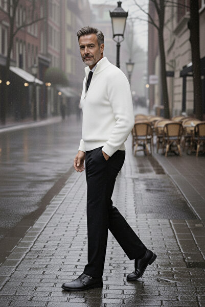 NAZEF Slim Fit Zippered Judge Collar Corded Fabric Cotton White Sweater