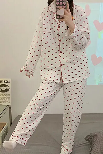 Muchmy Heart Patterned Women's Pajama Set Soft Fabric Girl's Pajam Two Piecs Set