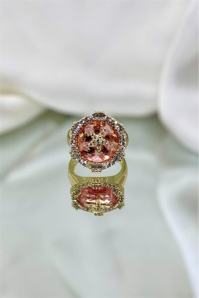 MatmazelLavinya خاتم ذهبي دائري قابل للتعديل مرصع بحجر الزركون الوردي ونجمة س...