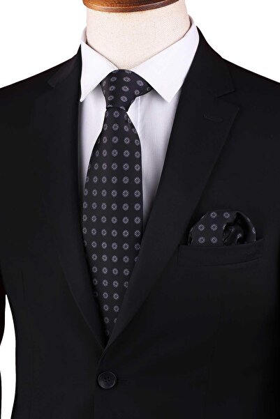 Kravatkolik Black Polka Dot Pattern Printed Pocket Square Classic Tie Kk13354