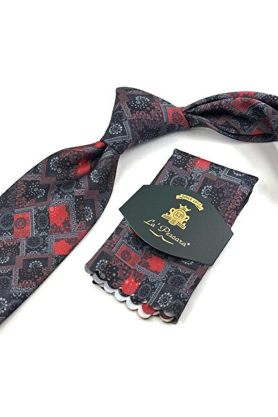 Kravatkolik Smoked - Red Square Pattern Printed Handkerchief Classic Tie Kk13352