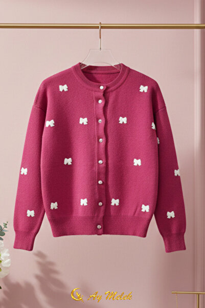AYMELEK Women's Knitwear Cardigan Buttoned Crew Neck Short Bow Detail Cardigan