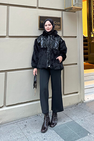 LOCCO Palton de damă cu mâneci cu detalii de pluș, negru