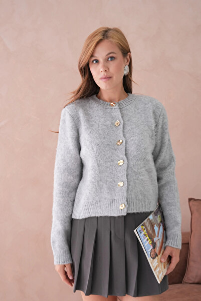 Park Karon Women's Crew Neck Button Detailed Soft Textured Fleece-Lined Knitwear Jacket