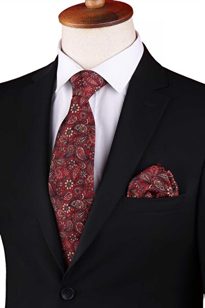 Kravatkolik Burgundy Shawl Pattern Printed Handkerchief Classic Tie Kk13339