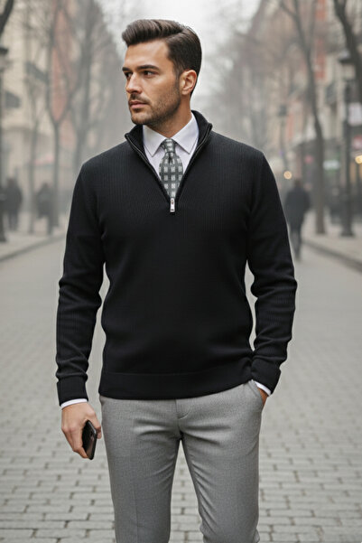 NAZEF Slim Fit Zippered Judge Collar Corded Fabric Cotton Black Sweater