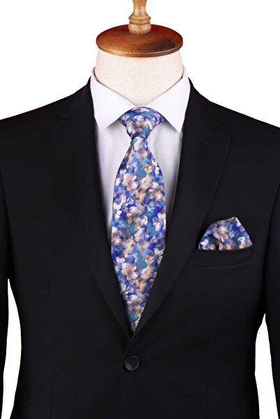 Kravatkolik Blue - Yellow Floral Pattern Printed Pocket Square Classic Tie Kk13359