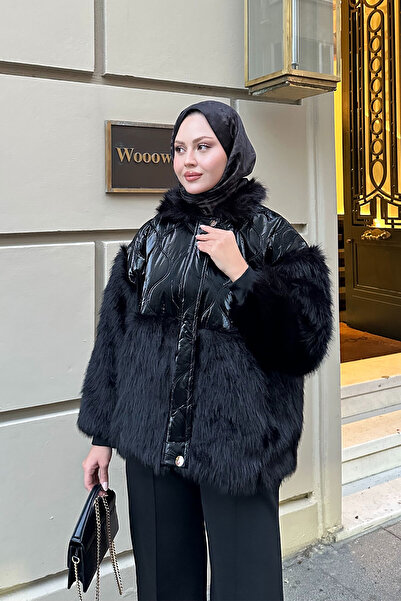 LOCCO Palton de damă cu mâneci cu detalii de pluș, negru