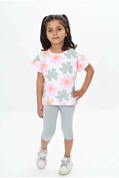 Toontoy Girl's Sleeve Ruffle Detailed Floral Printed Capri Suit