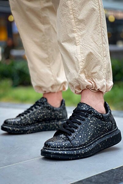 Lucy Shoes Yg-X500 Men's Lace-Up Casual Leather Sneaker Shoes Cst - Black/Gold